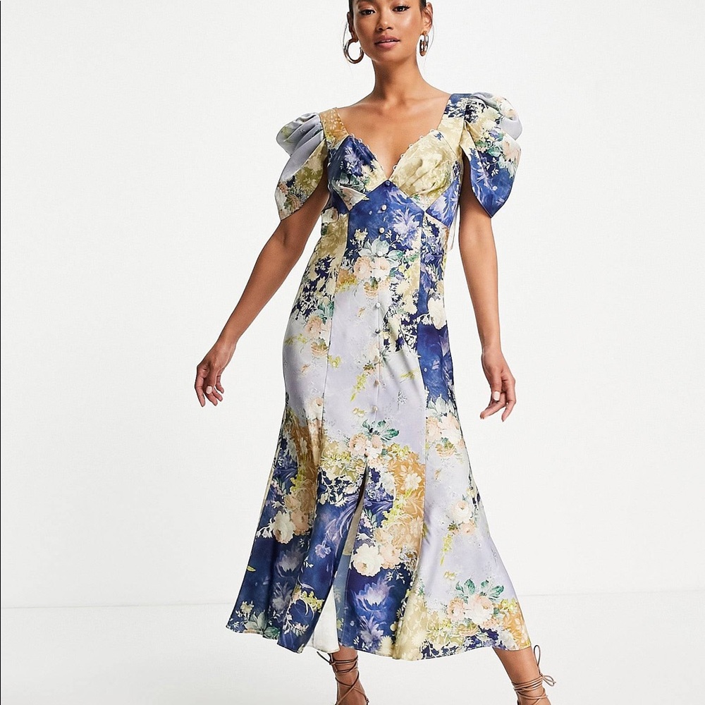 Button Through Midi Tea Dress Drape Shoulder Detail In Mixed Floral Print-multi